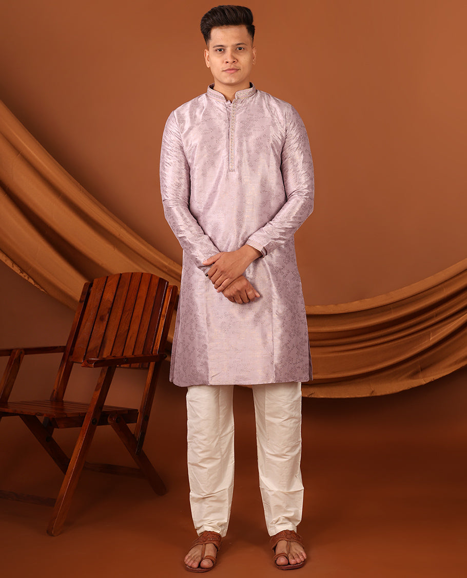 Onion Pink Floral Motifs Sparsely Print with Neck Embroidery Full-Sleeved Men's Kurta, Comes with Pants