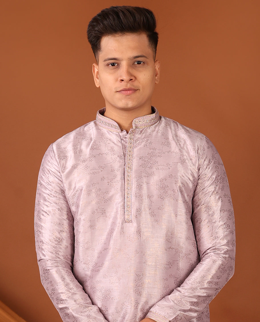 Onion Pink Floral Motifs Sparsely Print with Neck Embroidery Full-Sleeved Men's Kurta, Comes with Pants