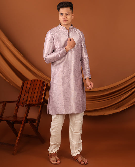 Onion Pink Floral Motifs Sparsely Print with Neck Embroidery Full-Sleeved Men's Kurta, Comes with Pants