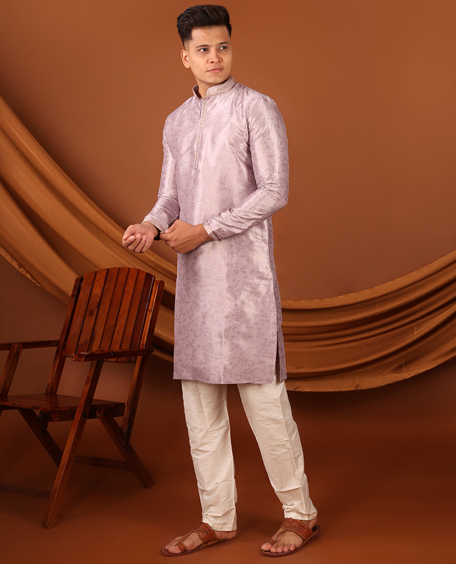 Onion Pink Floral Motifs Sparsely Print with Neck Embroidery Full-Sleeved Men's Kurta, Comes with Pants