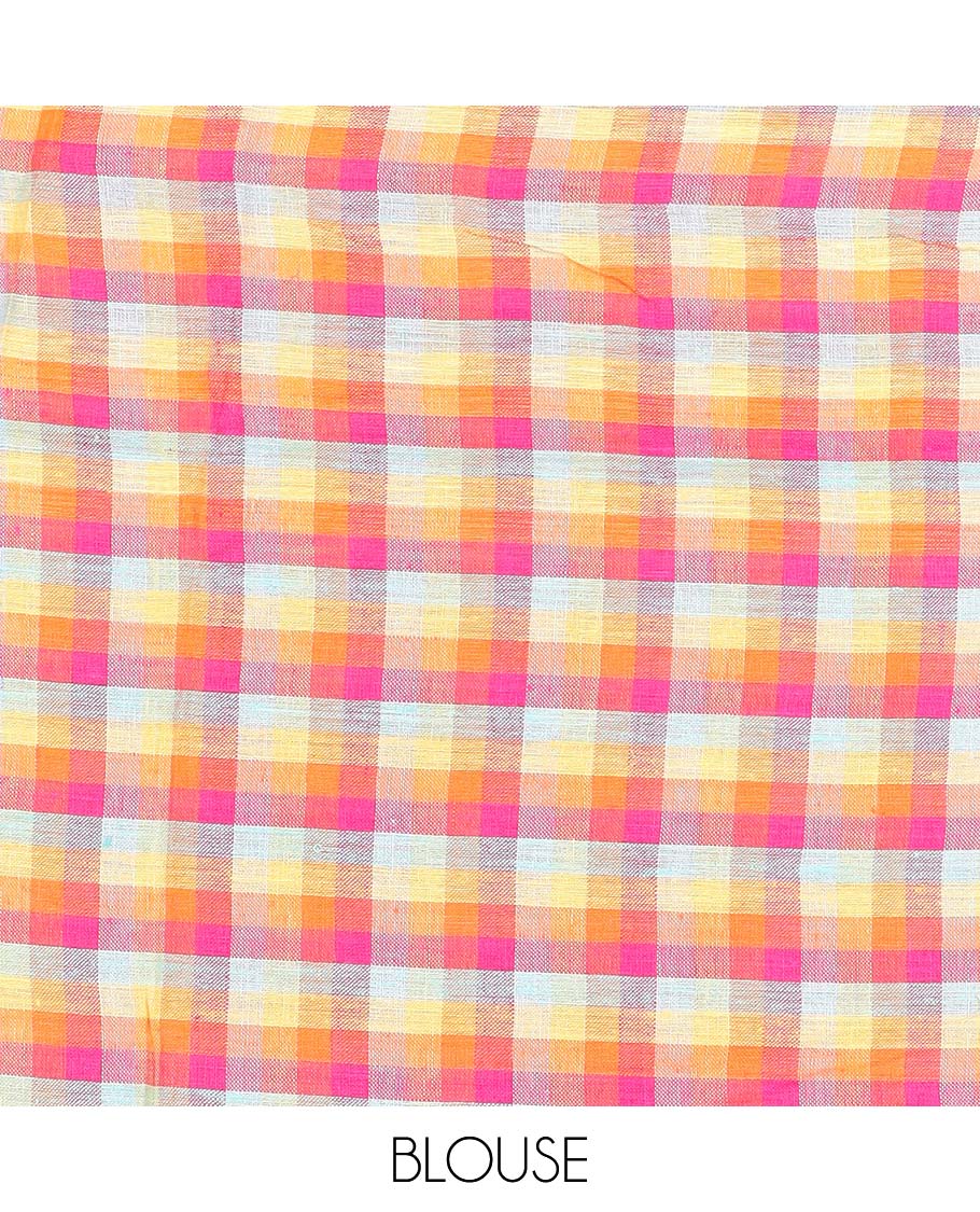 Borderless cream checked linen cotton saree, contrast pallu of colorful floral motifs