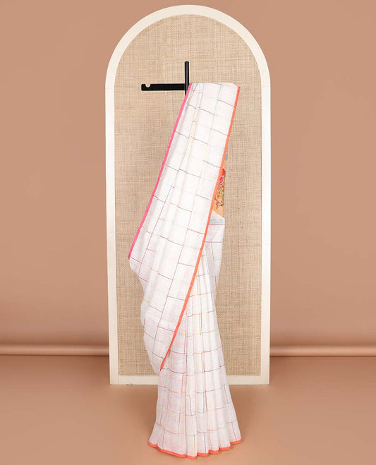 Borderless cream checked linen cotton saree, contrast pallu of colorful floral motifs
