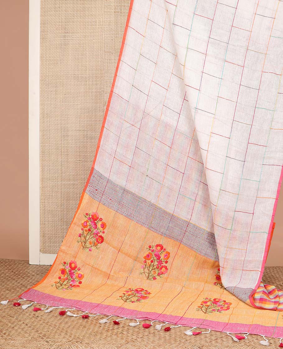 Borderless cream checked linen cotton saree, contrast pallu of colorful floral motifs