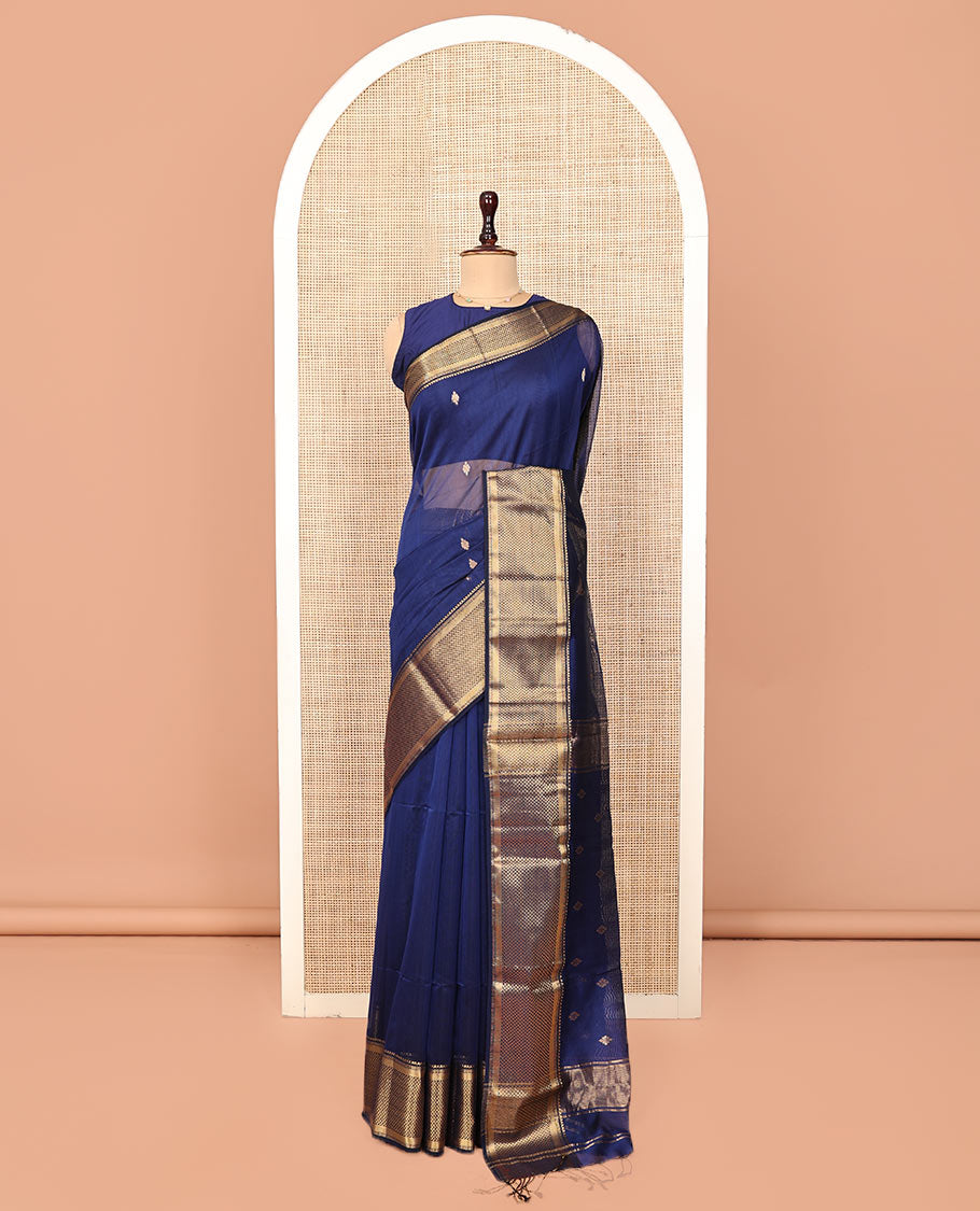 Blue Maheshwari Cotton Saree, Beautified with Zari Buttas on Its Body, Highlighted by Zari Border of Chevron Designs, Pallu Steeped with Zari Buttas, and Paired with a Matching Blouse