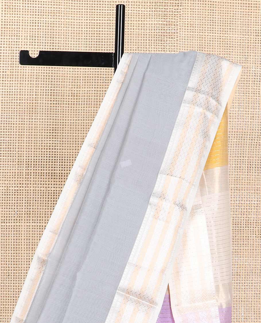Light grey maheshwari cotton saree with contrast floral zari design border & striped pallu