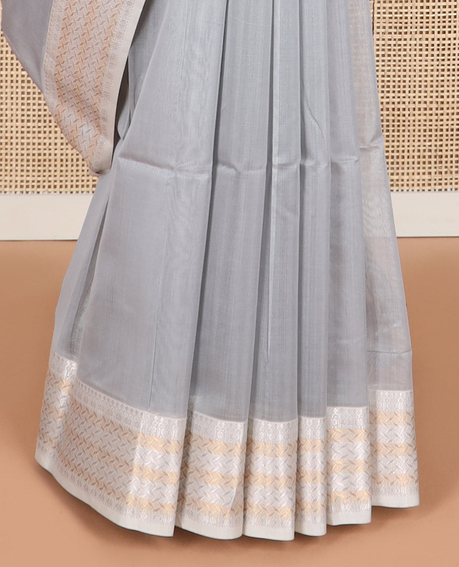 Light grey maheshwari cotton saree with contrast floral zari design border & striped pallu