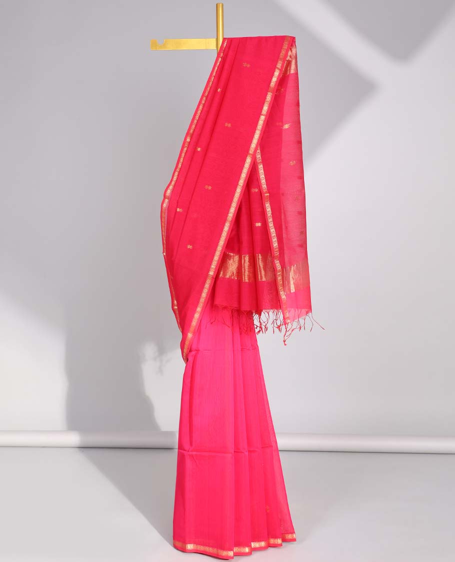 Pink floral motifs maheswari cotton saree with self-zari border & floral motifs pallu