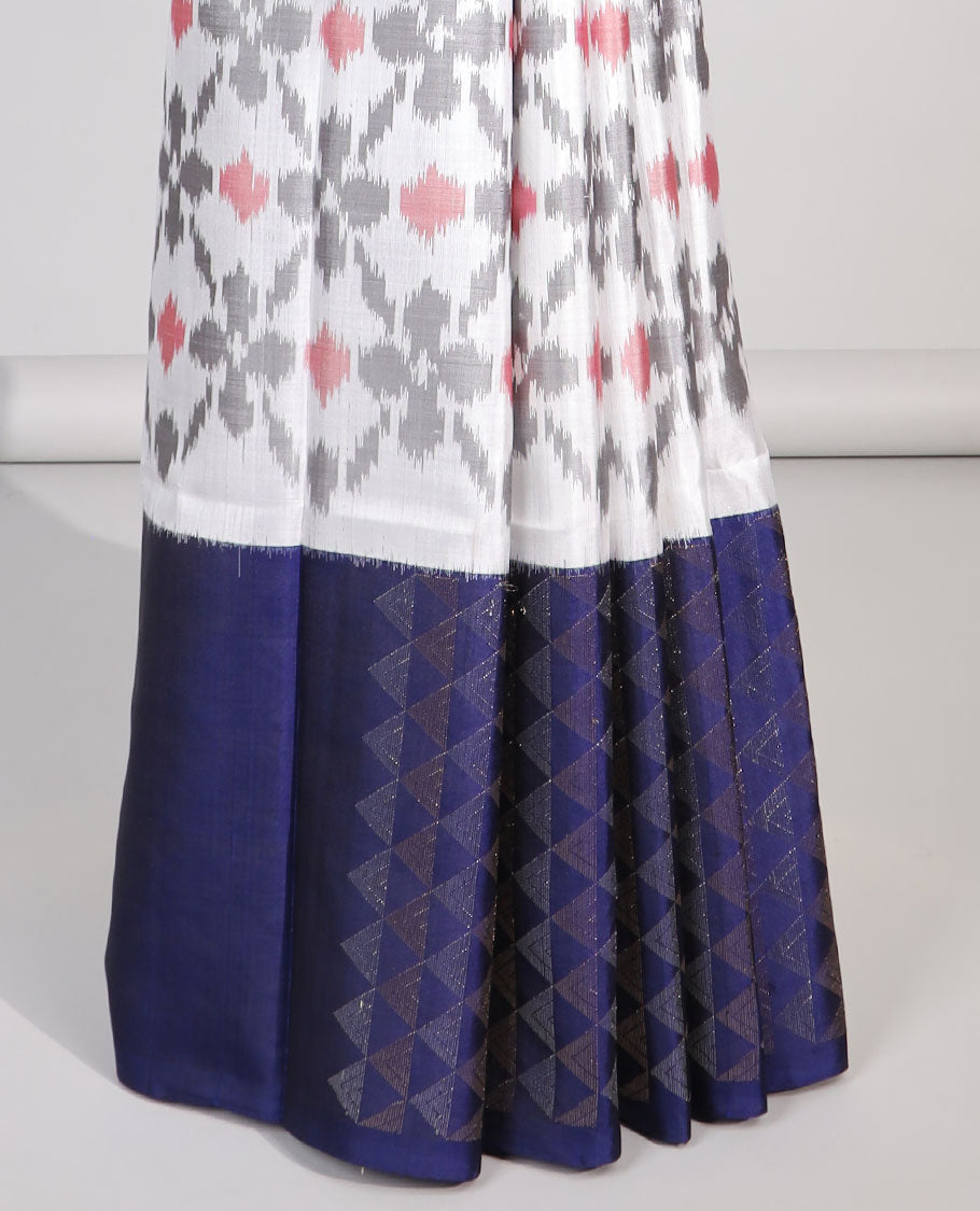 White ikkat style floral design soft silk saree with contrast zari border & ara maadam zari design pallu