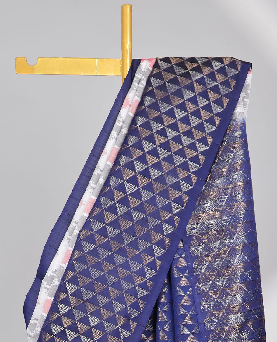 White ikkat style floral design soft silk saree with contrast zari border & ara maadam zari design pallu