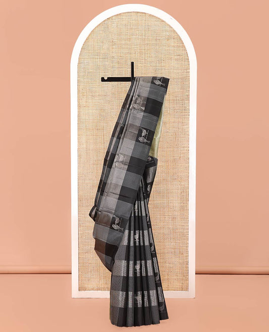Borderless Black Mayuri Soft Silk Saree, Steeped in the Richness of Zari Checks all Over Its Body, Complemented by Contrast Intricately Designed Pallu and Paired with a Contrast Blouse