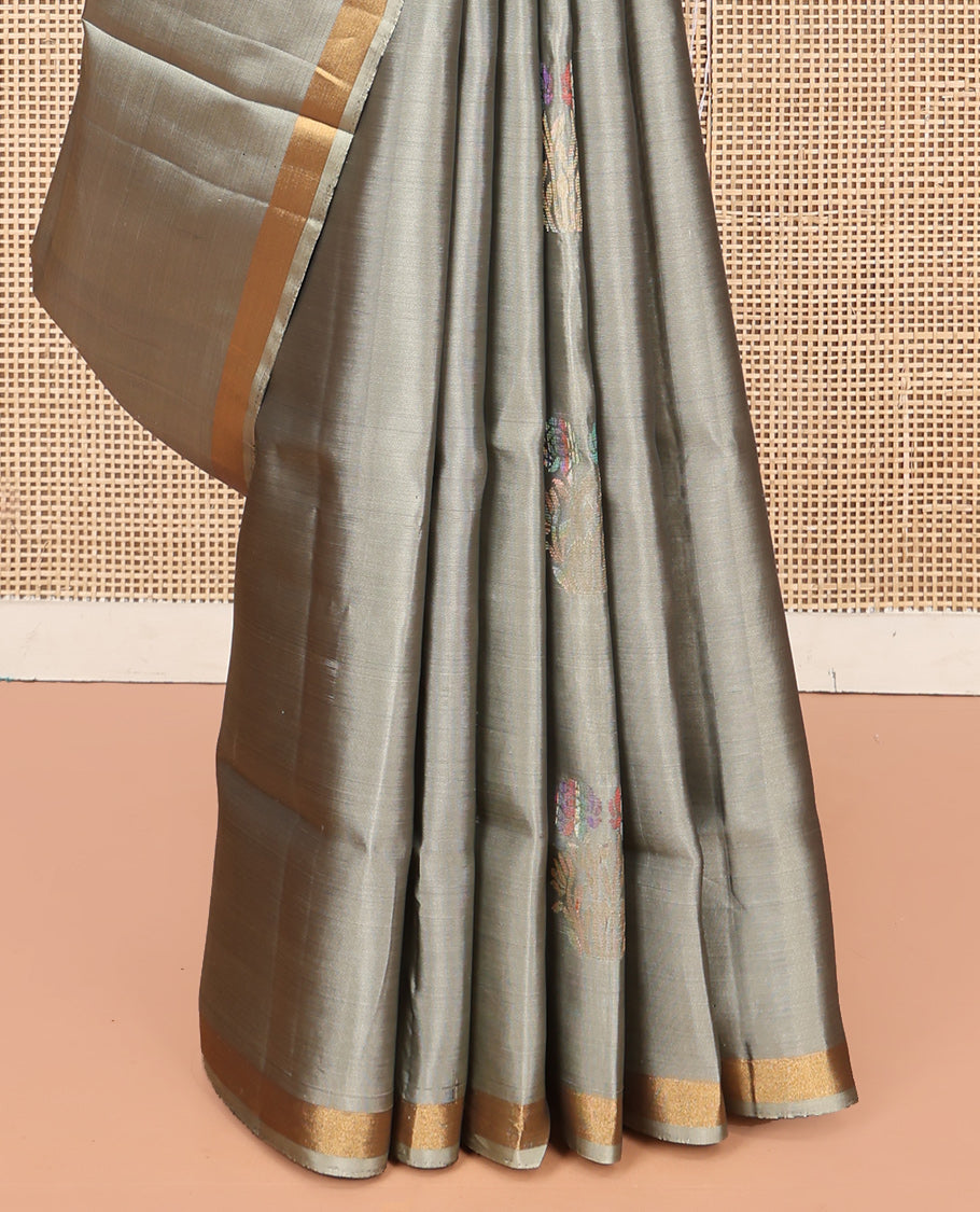 Grey Mayuri Lite Silk Mix Saree, Subtly Sparkled with Meena Buttas, a Subtle Zari Border, Contrast Intricate Pallu, and a Contrast Blouse