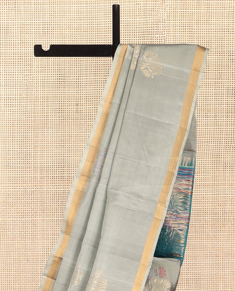 Grey Mayuri Lite Silk Mix Saree, Subtly Sparkled with Meena Buttas, a Subtle Zari Border, Contrast Intricate Pallu, and a Contrast Blouse