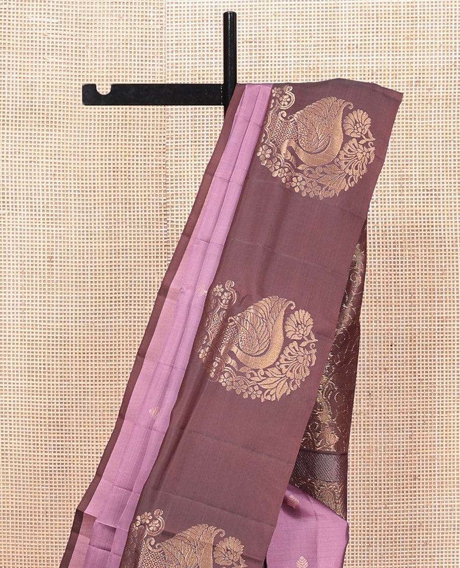 Light Purple Mayuri Lite Silk Mix Saree, Decked Up with Zari Buttas, Complemented By Contrast Peacock-Paisley Butta Border, a Floral Vine Pallu, and a Contrast Blouse