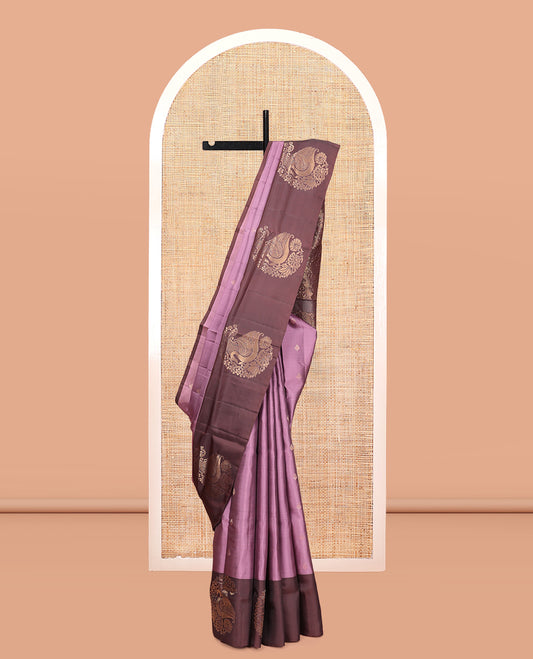 Light Purple Mayuri Lite Silk Mix Saree, Decked Up with Zari Buttas, Complemented By Contrast Peacock-Paisley Butta Border, a Floral Vine Pallu, and a Contrast Blouse