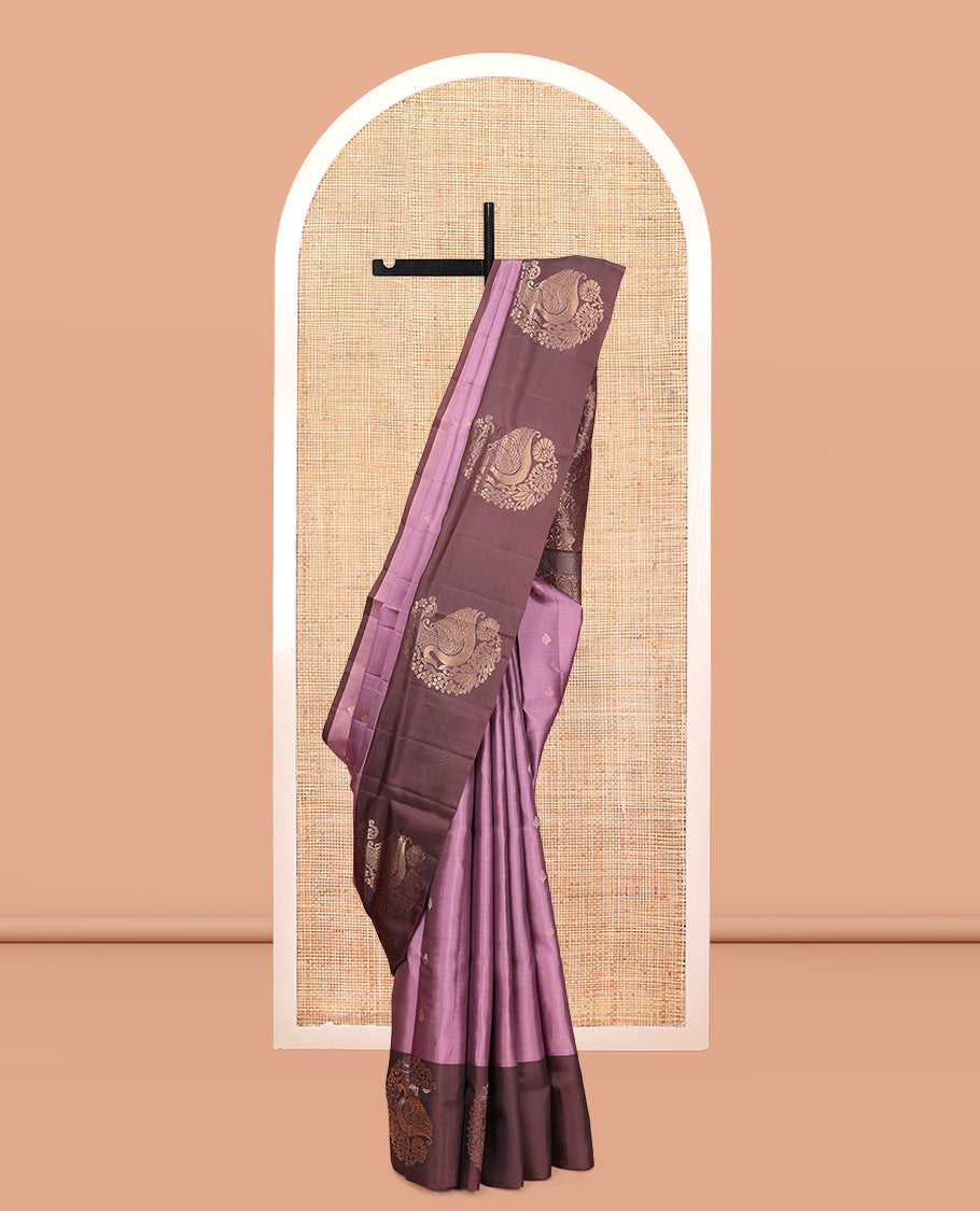 Light Purple Mayuri Lite Silk Mix Saree, Decked Up with Zari Buttas, Complemented By Contrast Peacock-Paisley Butta Border, a Floral Vine Pallu, and a Contrast Blouse