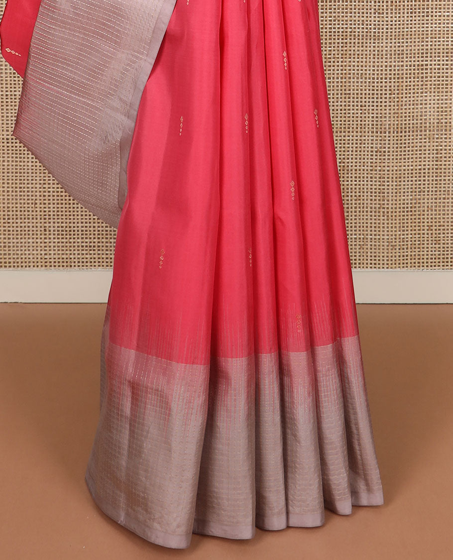 Pink zari buttas soft silk saree, contrast checked border & pallu steeped with geometric designs