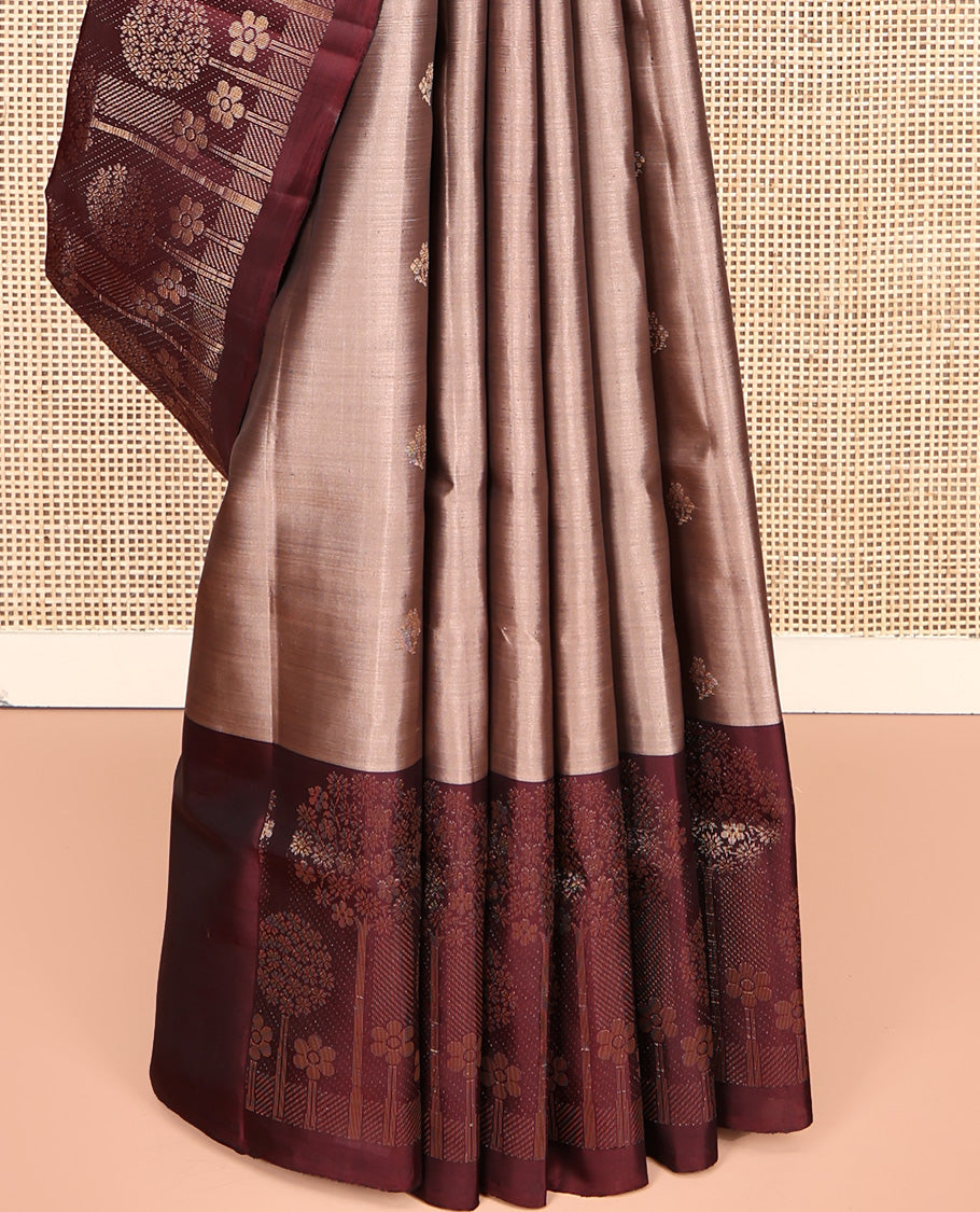 Grey Mayuri Lite Silk Mix Saree, Sparsely Woven with Zari Buttas All Over Its Body, Complemented by a Contrast Floral Design Border, Grand Jaal Pallu, and Paired with a Contrast Blouse