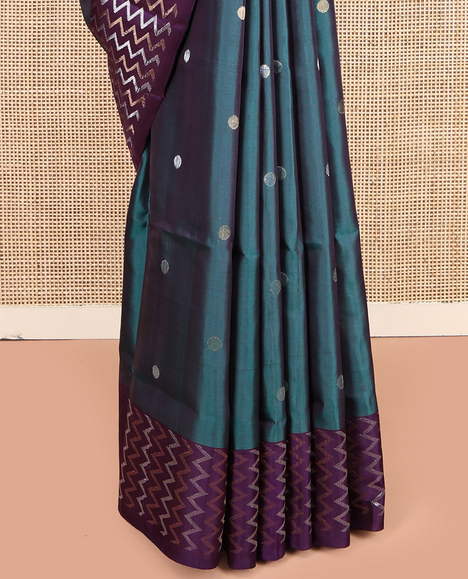 Peacock Blue Mayuri Soft Silk Saree, Highlighted by Zari Buttas, Contrast Chevron Striped Border, Grand Chevron Striped Pallu, and Contrast Blouse