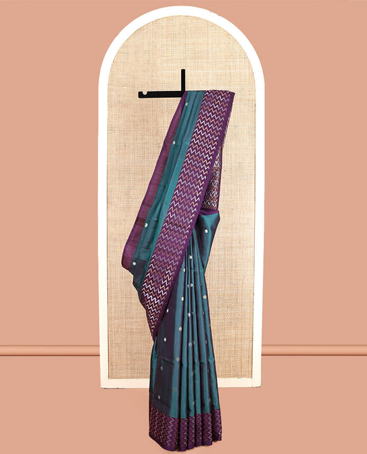 Peacock Blue Mayuri Soft Silk Saree, Highlighted by Zari Buttas, Contrast Chevron Striped Border, Grand Chevron Striped Pallu, and Contrast Blouse