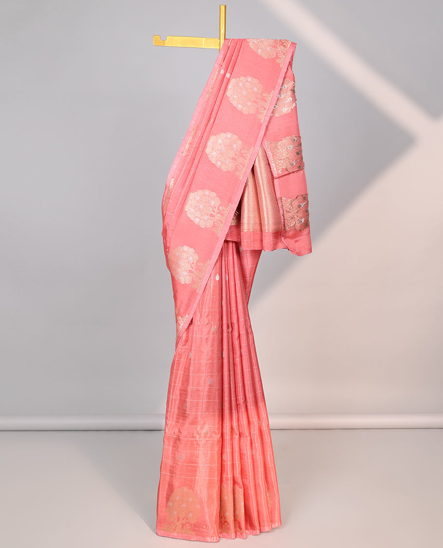 Peach floral motifs enclosed checked design mushru silk saree with self tree motifs border & zari design pallu