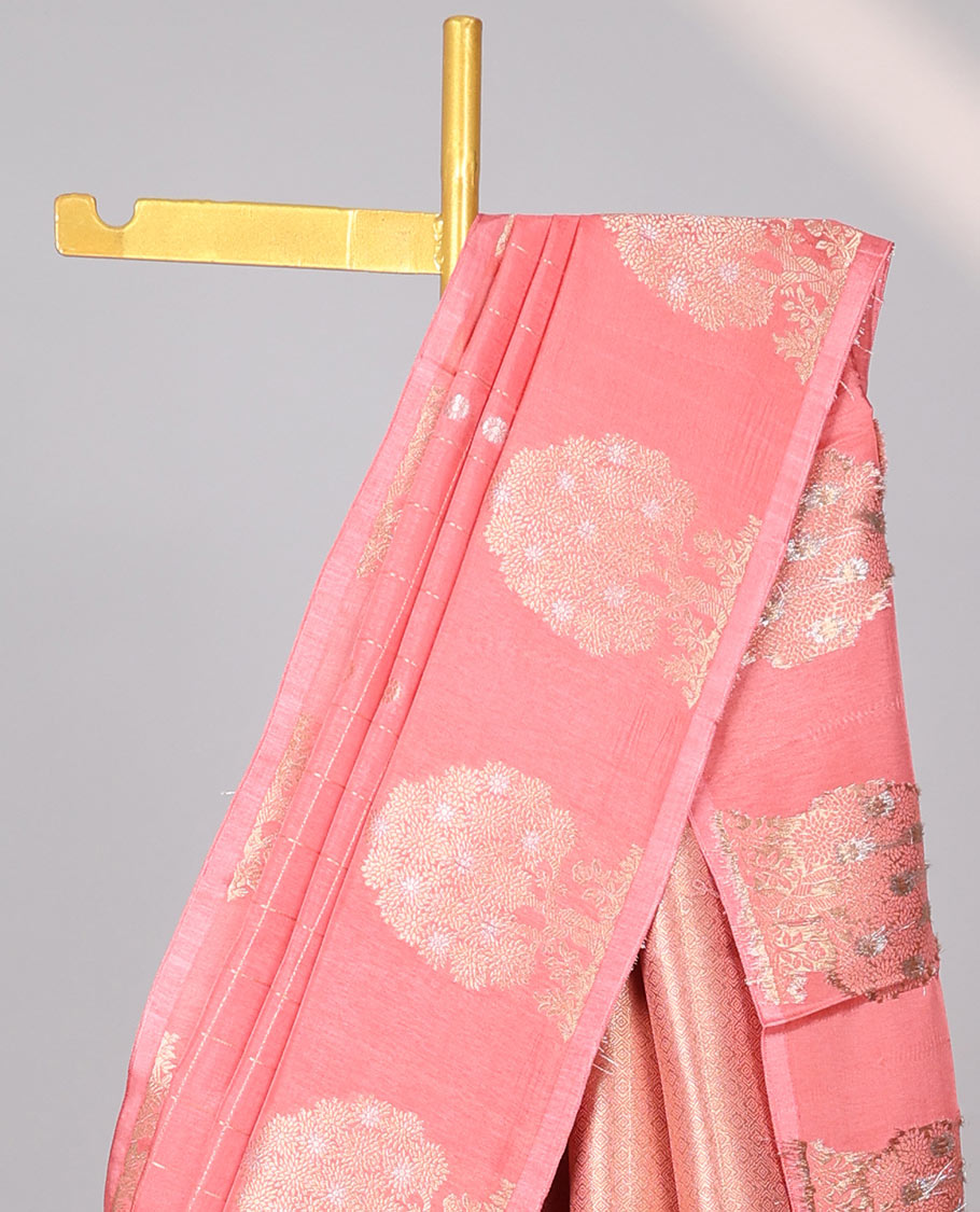 Peach floral motifs enclosed checked design mushru silk saree with self tree motifs border & zari design pallu