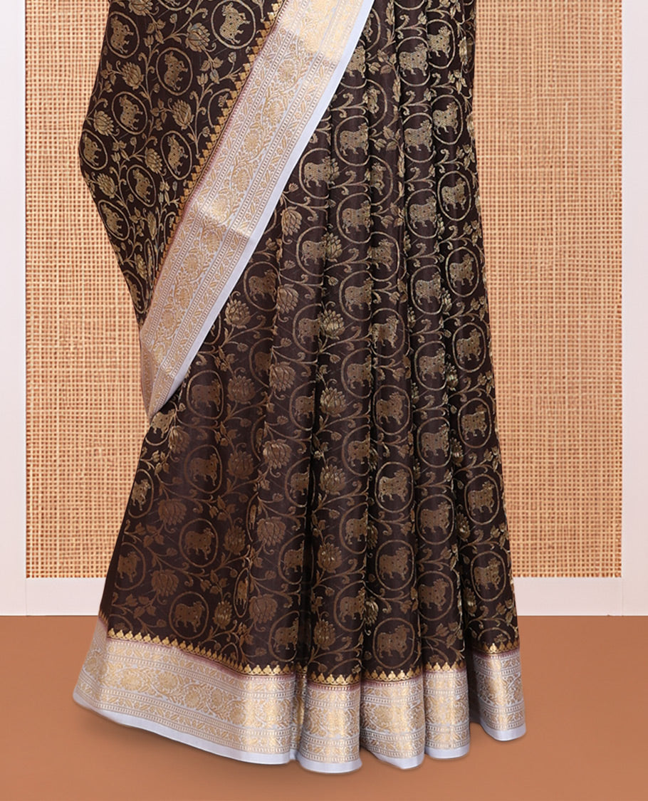 Brown Mysore Silk Saree, Adorned with Pichwai Cow and Lotus Vine, Complemented by a Contrast Traditional Zari Border, Intricate Pallu, and a Contrast Blouse