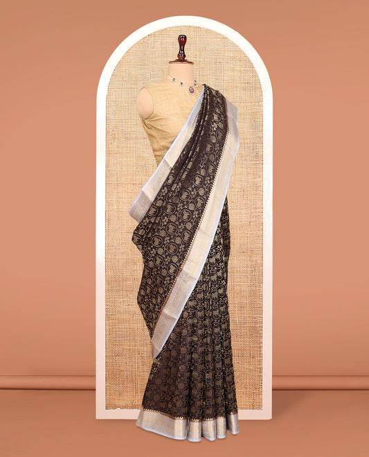 Brown Mysore Silk Saree, Adorned with Pichwai Cow and Lotus Vine, Complemented by a Contrast Traditional Zari Border, Intricate Pallu, and a Contrast Blouse