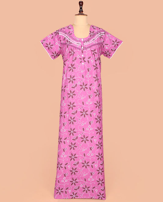 Pink Cotton Nighty  Beautified with Floral Print, Featuring Lace Work, Round Front Neck, and Half  Sleeves