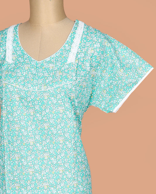 Turquoise floral printed with leaf necked lace work half-sleeve cotton nighty