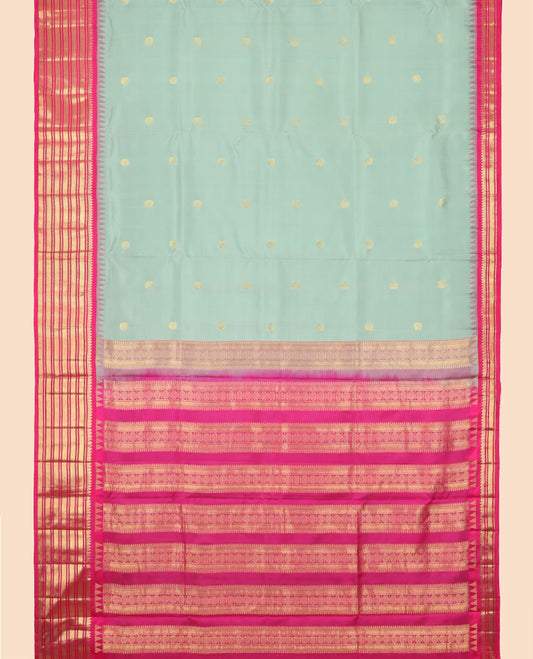 mint green floral buttas nine yards silk saree with contrast traditional zari design border & intricate zari design pallu