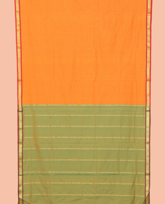 Orange Checked Art-Silk Nine Yard Saree, a Contrast Traditional Zari Border, Pallu of Zari Stripes, and No Blouse