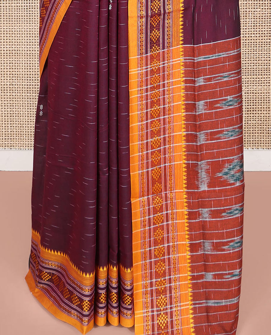 Wine Odisha Cotton Saree, Subtly Woven with Buttas All Over the Body, Complemented by a Contrast Temple Border of Geometric Thread Patterns, Pallu Depicts Geometric Patterns, and Paired with a Matching Blouse