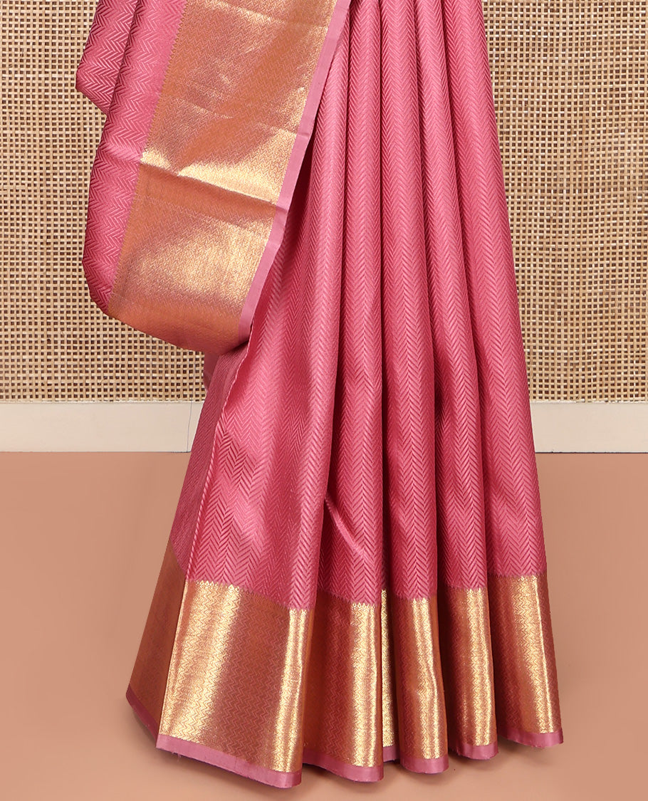 Pink Embossed Parampara Silk Saree, Highlighted by Zari Border of Thilakam and Vanki Designs, Pallu Steeped with Rudraksham Designs, and Paired with a Matching Blouse