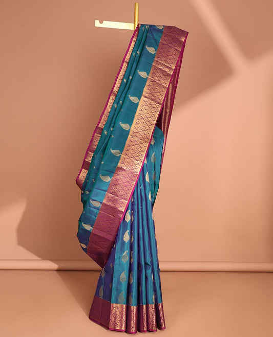 Blue striped, paisely vasundhara elite silk saree with contrast checked zari design border & intricate zari design pallu