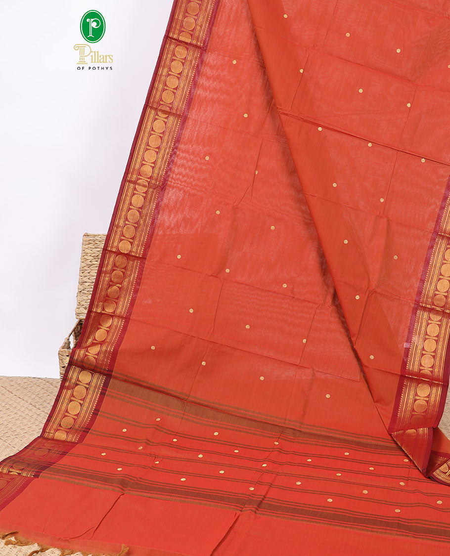 Brown chettinad cotton saree with contrast rudraksh pad border