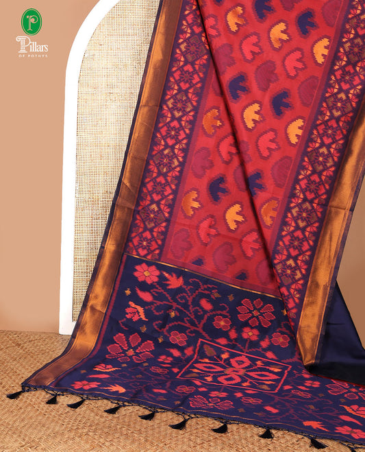Pink with navy blue zari pochampalli weaving design mulberry silk saree with bawanchi, ikkat weaving border & rich pochampalli weaving pallu along with plain blouse
