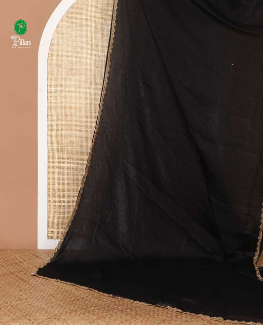 Black fendy chiffon saree with hand work border & self pallu along with hand work blouse