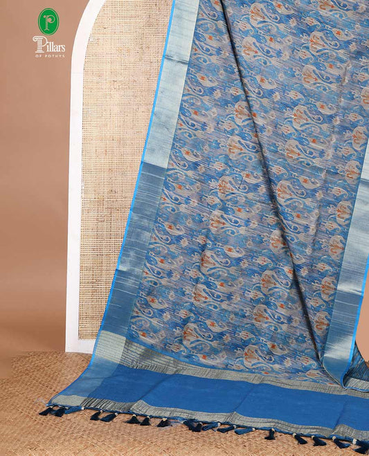 Blue ikkat style printed  khicha tussar saree with bawanchi border & jute weaving pallu along with printed blouse