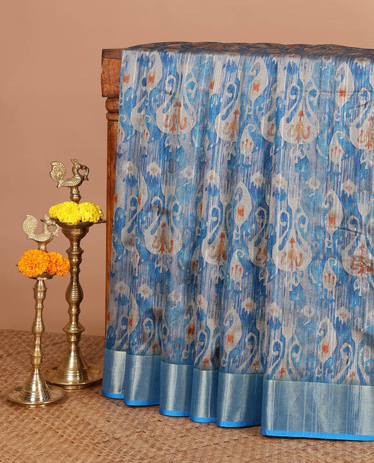 Blue ikkat style printed  khicha tussar saree with bawanchi border & jute weaving pallu along with printed blouse