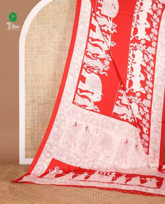 Red elephant, kalamkari printed gajji silk saree with annam printed border & kalamkari printed pallu along with printed blouse