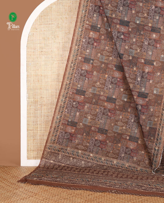Brown butta digital printed jaipuri kota saree with printed border & printed pallu along with butta design printed blouse