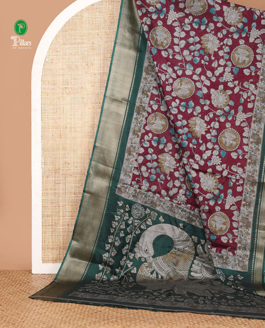 Purple kalamkari-style round peocock & floral vine printed dola silk saree,contrast chevron zari border & peacock pallu