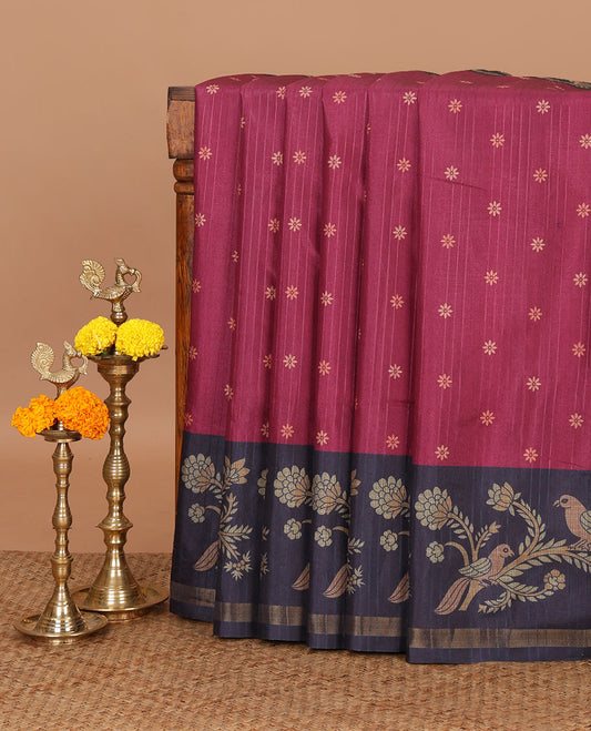 Purple flower motifs katan silk saree with contrast floral vine & bird printed border & geometric & argyle printed pallu