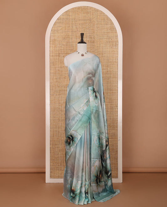 Borderless green abstract-style floral digital print with golden foil print satin silk saree, and foil printed blouse