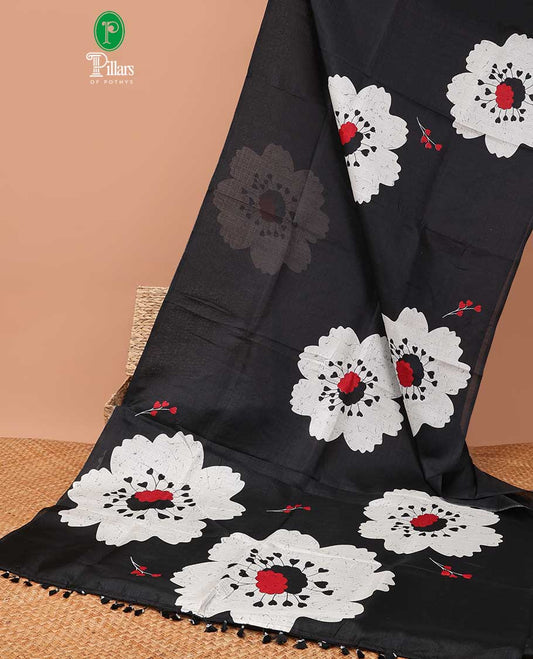 Borderless black all-over floral print khadhi tussar saree with same color blouse