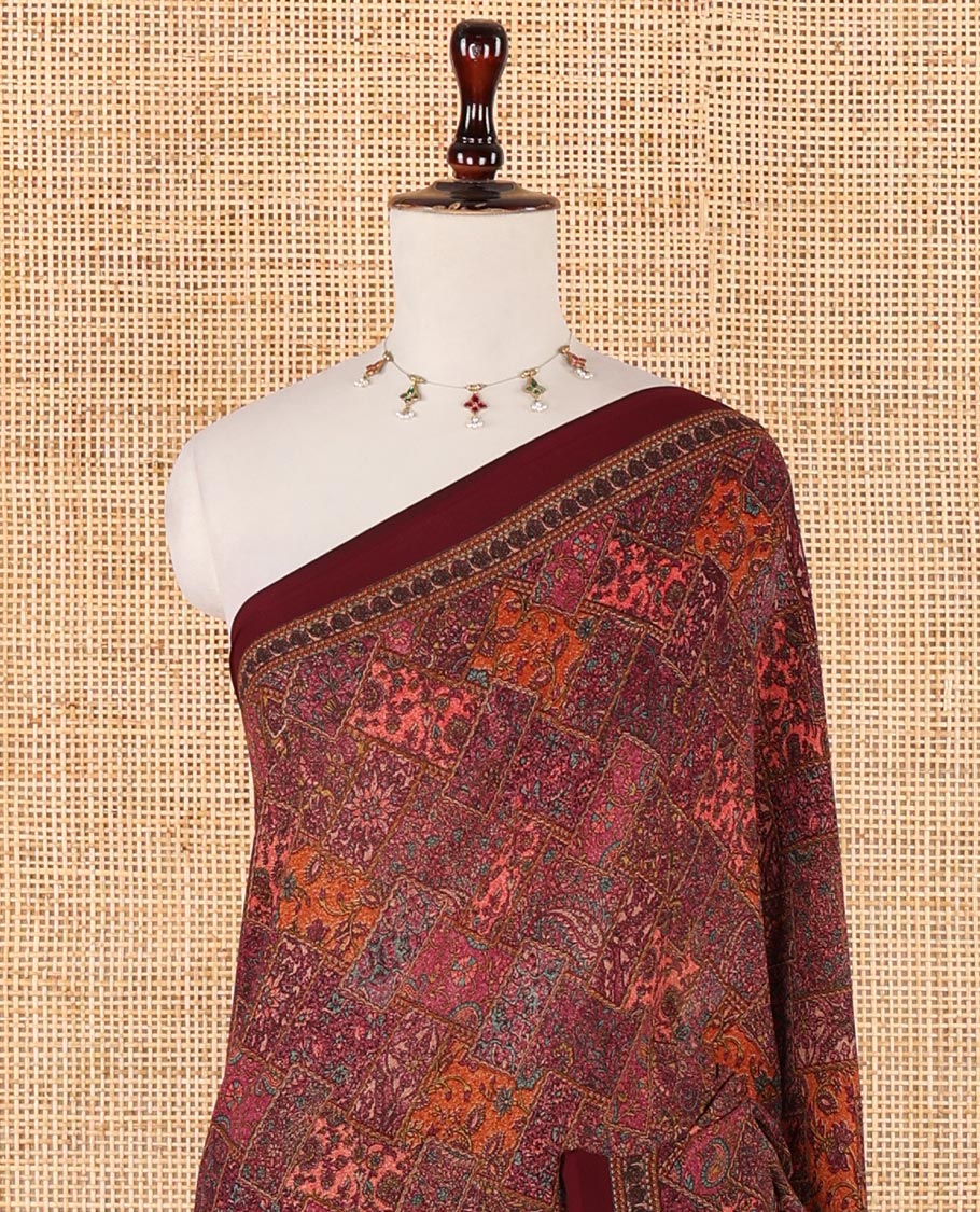Maroon kaleidoscopic-colored checks mill-printed kimaya saree, contrast plain border & paisley & geometric printed pallu