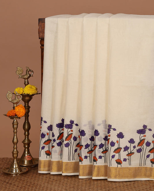 Cream & violet plain Kerala cotton saree, zari bavanji border & pallu of Pichwai lotus motifs screen print, plain blouse