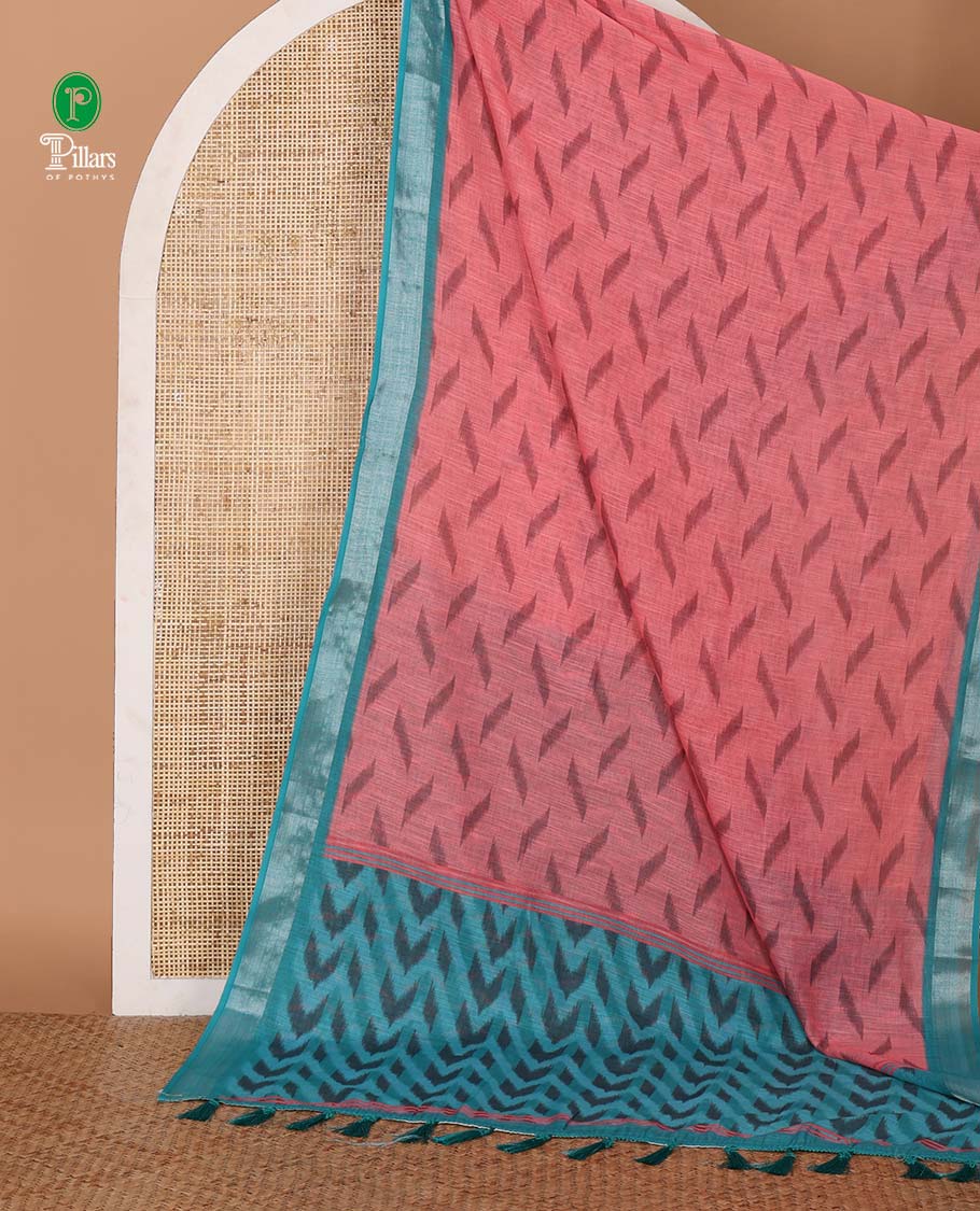 Pink pochampally-style geometric printed linen saree, contrast zari bavanji border & pochampally geometric printed pallu & blouse