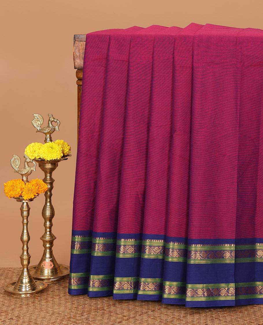 Purple plain Chettinadu cotton saree,contrast rettai rettu traditional zari border,lining seer pallu & matching plain blouse