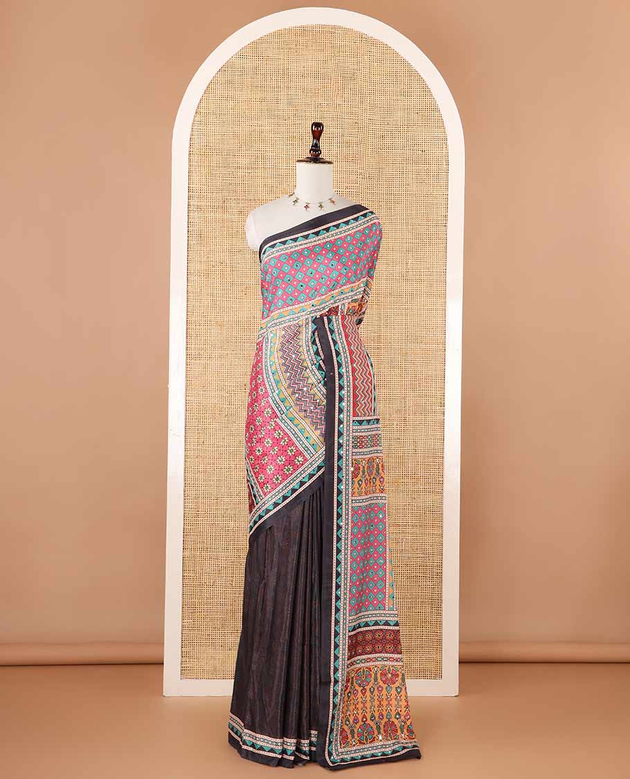 Black floral & geometric print & mirror embroidery masakali saree,self-border & pallu of print & mirrorwork, printed blouse